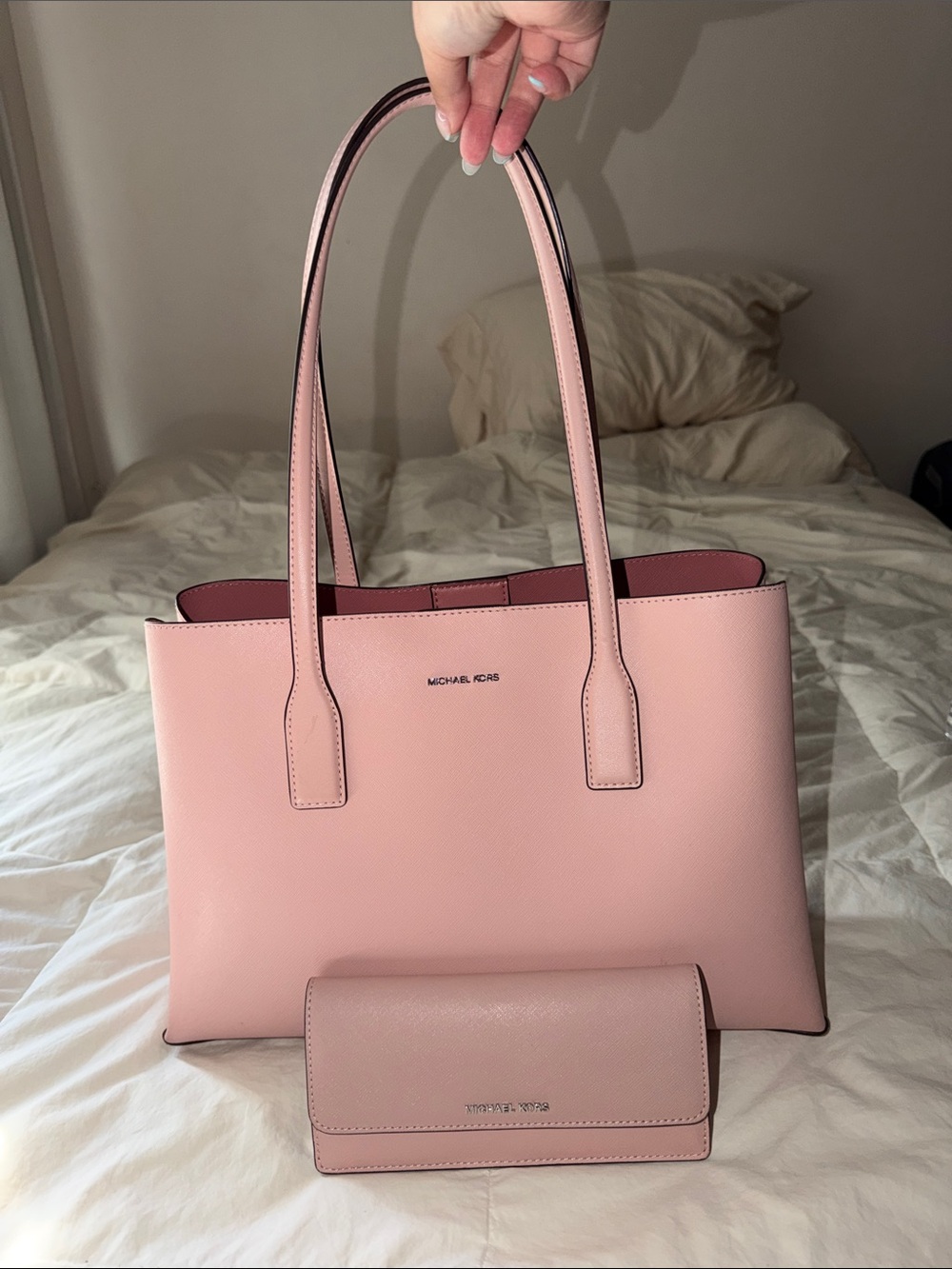 MICHAEL KORS Pink Leather Tote with Matching Wallet Set